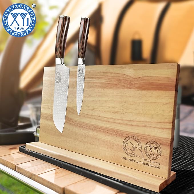XYJ Authentic Since 1986 Magnetic Knife Block, Powerful Double-Sided Wooden Magnetic Knife Holder, Cutlery Display, Universal Kitchen Knife Stand Storage Rack Without Knives