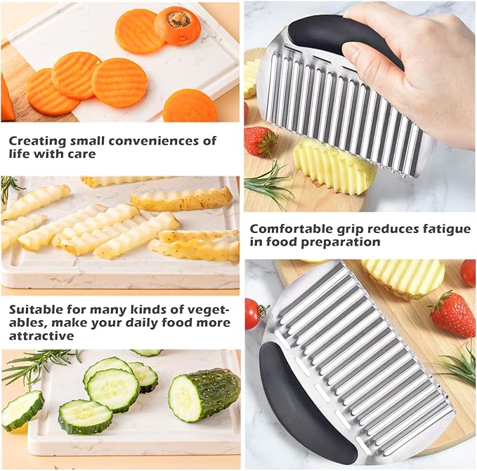 JAYVAR Large Crinkle Cutter French Fry Cutter, Large Crinkle Potato Slicer Wavy Chopper, Stainless Steel Wavy Slicer Crinkle Cutting Chopping Tools with Handle for Carrot Vegetable
