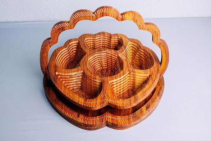 Handmade 18″ Collapsible Wooden Basket, 6-Compartment Paisley Design in Himalayan Rosewood – Fruit Basket, Bread Bowl & Trivet – Folds Flat for Easy Storage – Unique Centerpiece & Gift