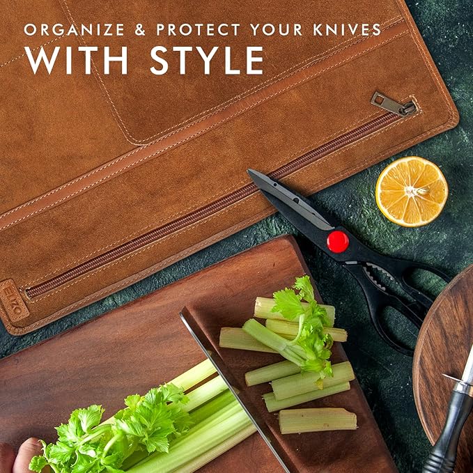 ELIZO Leather Knife Roll Bag Professional Chef Knife Case, Durable Knife Sheath Holder, Cooks & Culinary Tools Carrying Storage, Portable Knife Wrap - 4 Slots (Palomino)