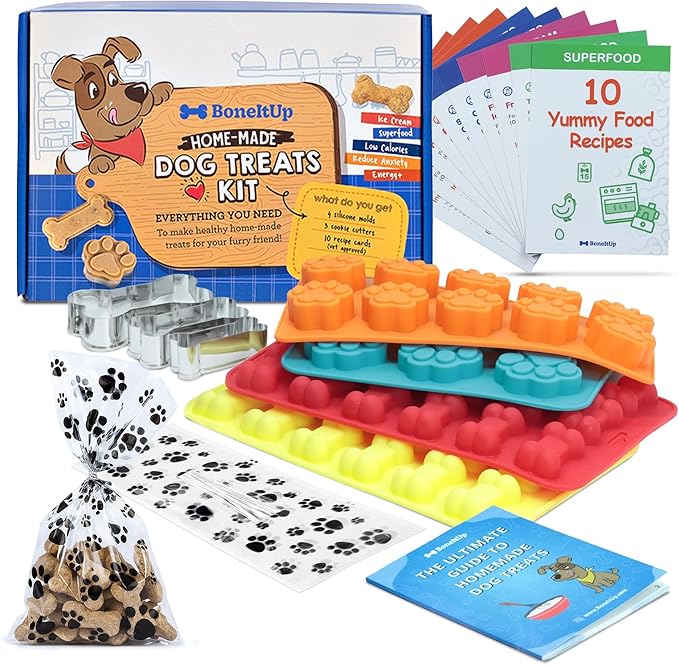 BoneItUp Dog Treat Making Kit – All-in-One DIY Cookie Set with Reusable 4 Silicone Dog Treat Molds, 3 Cutters, 10 Recipes & Gift Bags – Make Healthy Homemade Treats for Dogs