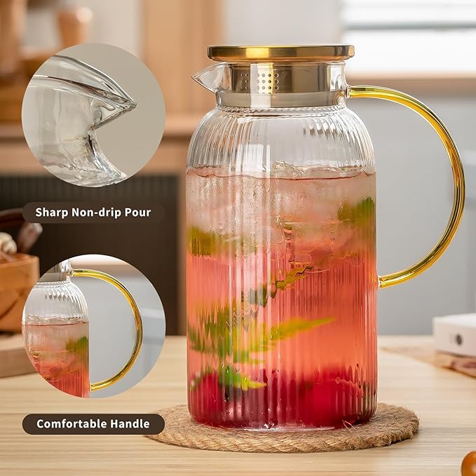 2 PACK Glass Pitcher with Lid, 68 oz/ 2 Liter Classic Vertical Stripes Water Pitcher with Handle,Glass Water Carafe for Cold Brew, Coffee, Lemonade, Iced Sun Tea,Beverage,Heat Resistant