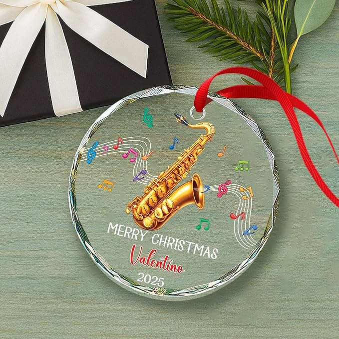 Saxophone Player Christmas Glass Ornament 2025, Personalized Text & Name Saxophonist Christmas Keepsake, Instrument Musical Xmas Ornament Gift for Saxophone Lover, Customized Musician Glass Ornaments