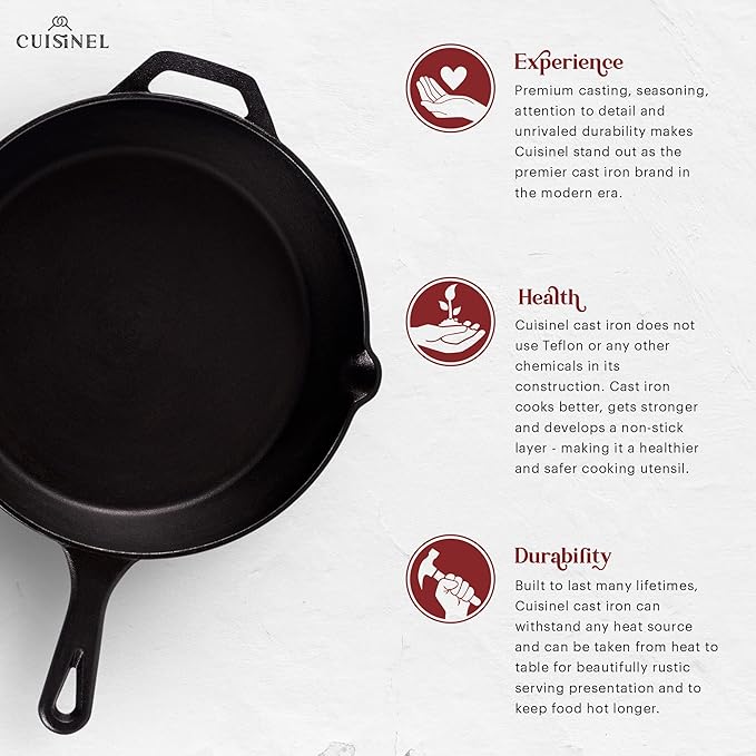 Cuisinel Cast Iron Skillet - 12"-Inch Frying Pan with Assist Handle + Red Silicone Grip Cover - Pre-Seasoned Oven Safe Cookware - Indoor/Outdoor Use - Grill, Stovetop, Induction, BBQ and Firepit Safe