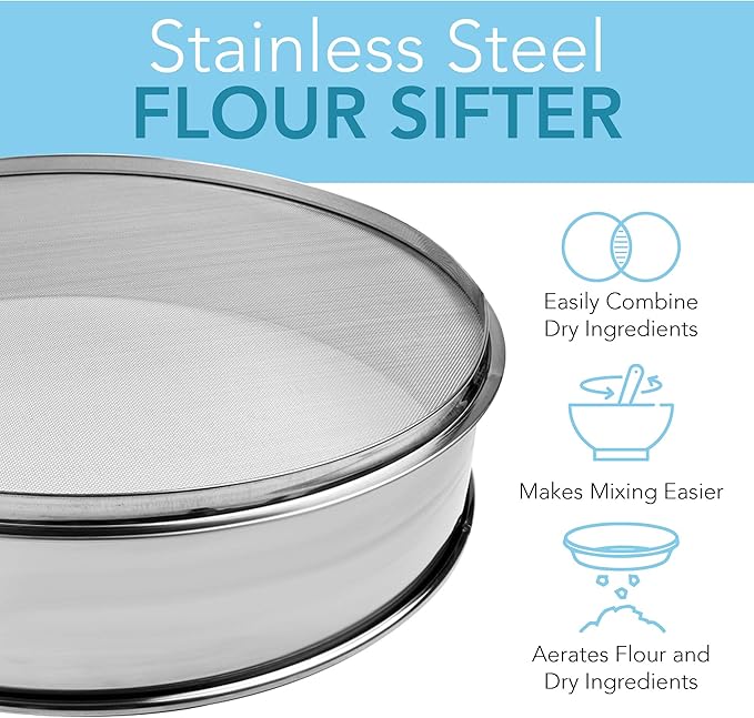 Stainless Steel Flour Sifter Fine Mesh Round Flour Sieve for Baking 9.5" Diameter x 2.5" High; 20 Mesh (Hole Size 0.85mm)