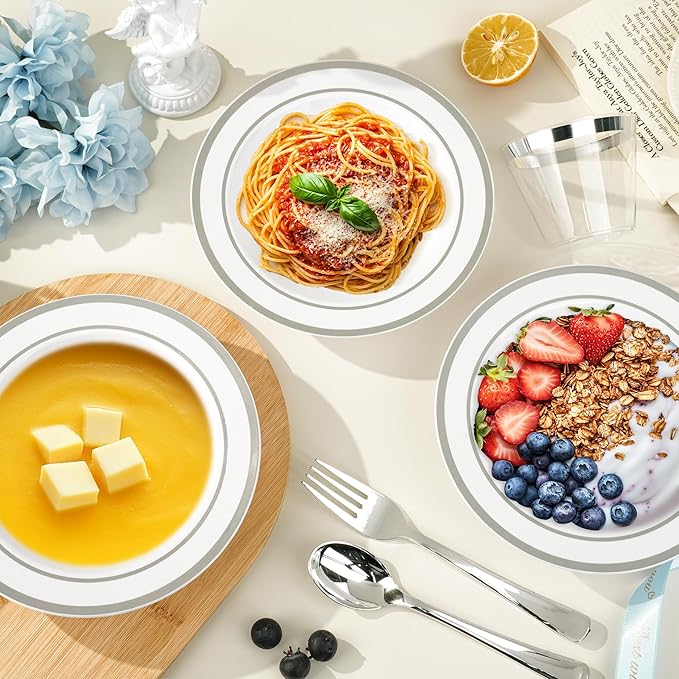 BESTVIP 50 Pack Plastic Bowls with Silver Rim, 12 oz Disposable Soup Bowls, Heavy-duty Dessert Salad Bowl for Party, Wedding, Christmas, Thanksgiving Catering and Dinner