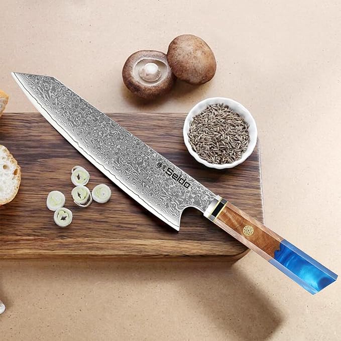 Seido Knives Kiritsuke Damascus Steel Chef Knife Epoxy Resin Stabilized Wood Handle Professional Kitchen Knife VG10 High Carbon Stainless Steel, Sapphire Blue
