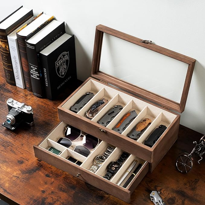 Knife Display Case, 2-Layer Pocket Knife Case Display & Storage Knives, Solid Wood Knife Case for Collections, Gift for Boyfriend Fathers Day Birthday Gifts((Walnut)