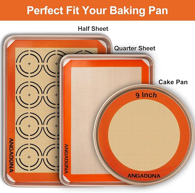 Silicone Baking Mat Sheets Set, Easy Clean &Non-Stick Food Grade Reusable Baking Mats, 2 Half Sheet Cookie mat+1 Quarter sheet+1 Round cake Mats for Oven, Macarons, Cookies, Pizza, Pastry