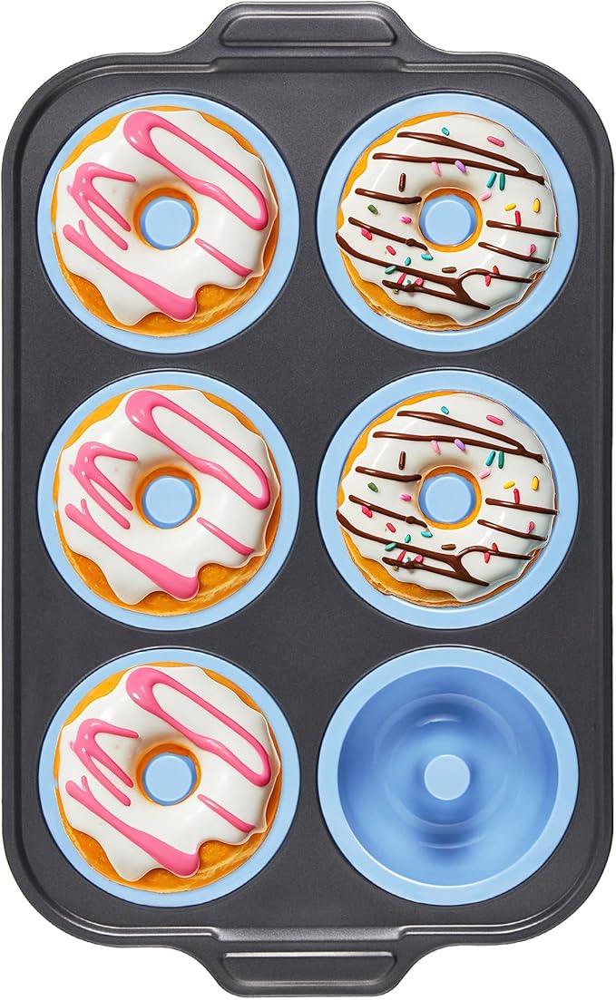 BRONYPRO Silicone Donut Pan for Baking with Metal Frame, 3.35 Inch Large doughnut pan,donut molds for baking Nonstick Non Toxic Bakeware for Oven,Blue