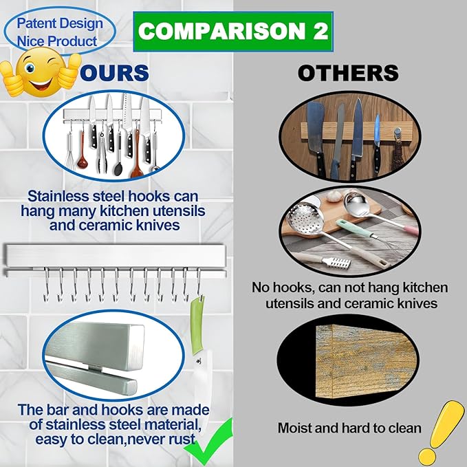 Strong Magnetic Knife Holder for Wall, 17 Inch No-Drill Knife Strip with 12 Hooks & Adhesive, Holds Kitchen Utensils & Tools - YIIYIIN