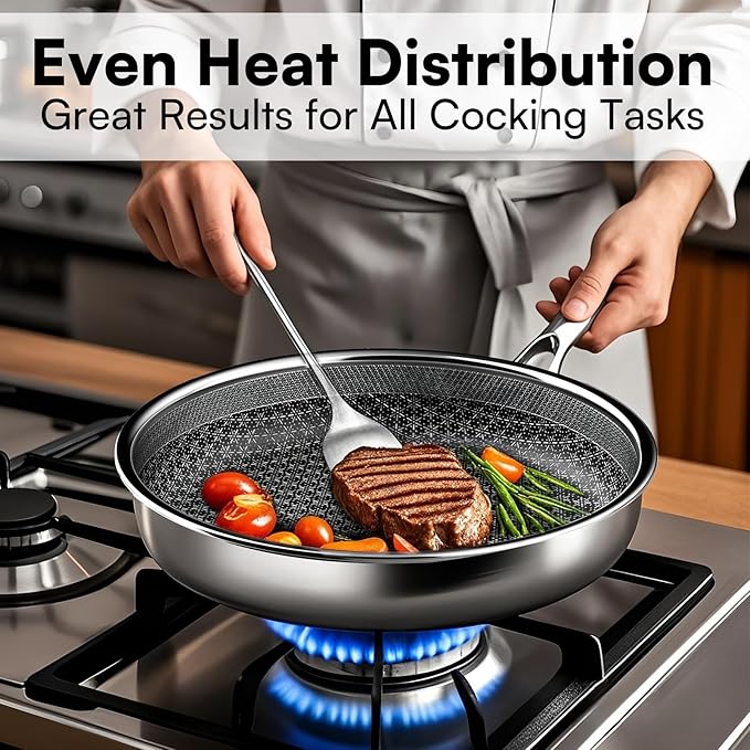 Non Stick Frying Pans Set with 3 Lid, Non-Toxic Hybrid Pans Set Nonstick (8+10+12inch),Pan for cooking, nonStick Cookware, Dishwasher and Oven-Safe Cookware Sets, Stainless Steel Skillets