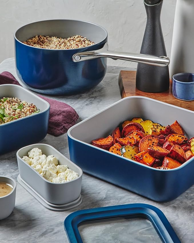 Caraway Glass Food Storage - 10 Cup Glass Container - Ceramic Coated Food Container - Non Stick Lunch Box with Lids - Dishwasher, Oven, & Microwave Safe - Square Shape - Gray