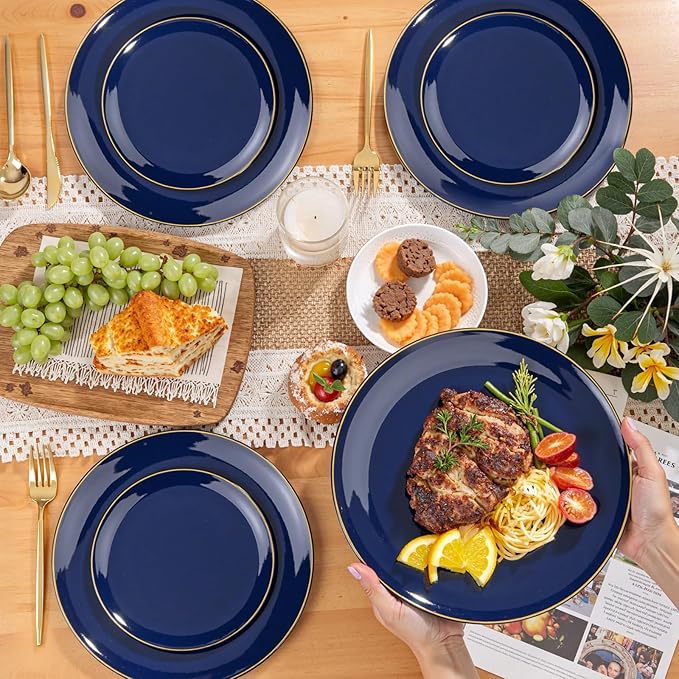 PULOTE 200 Pieces Blue Plastic Plates - Navy Blue and Gold Disposable - Include 100PCS 10 inch Dinner & 100PCS 7 inch Dessert Plate for Party & Labor Day