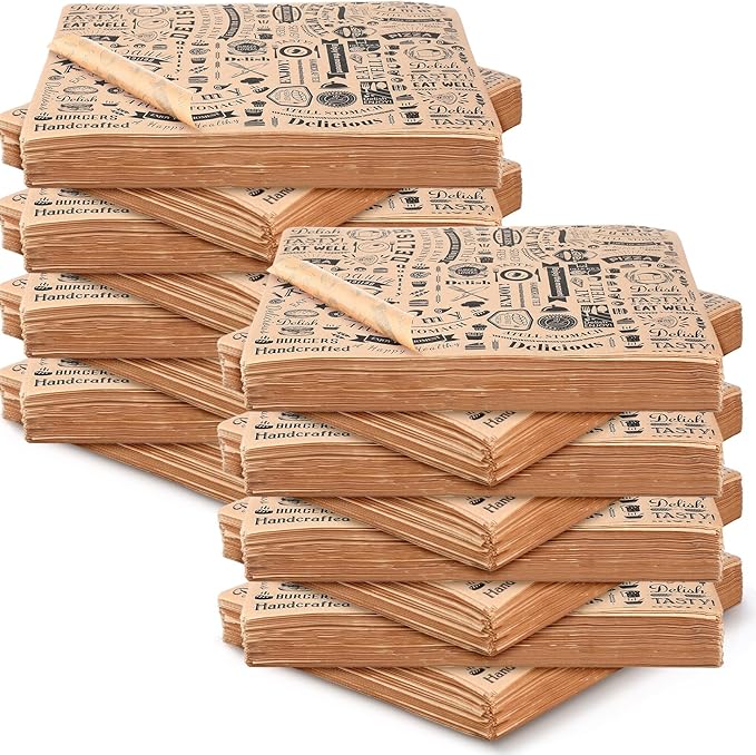Outus 1200 Pcs 8 x 10 Inch Deli Wax Paper Sheets Grease Resistant Tray Basket Liners Newsprint Paper Water and Grease Proof Sandwich Wrapping Square Hot Dog Wrappers for Food Baking (Brown)