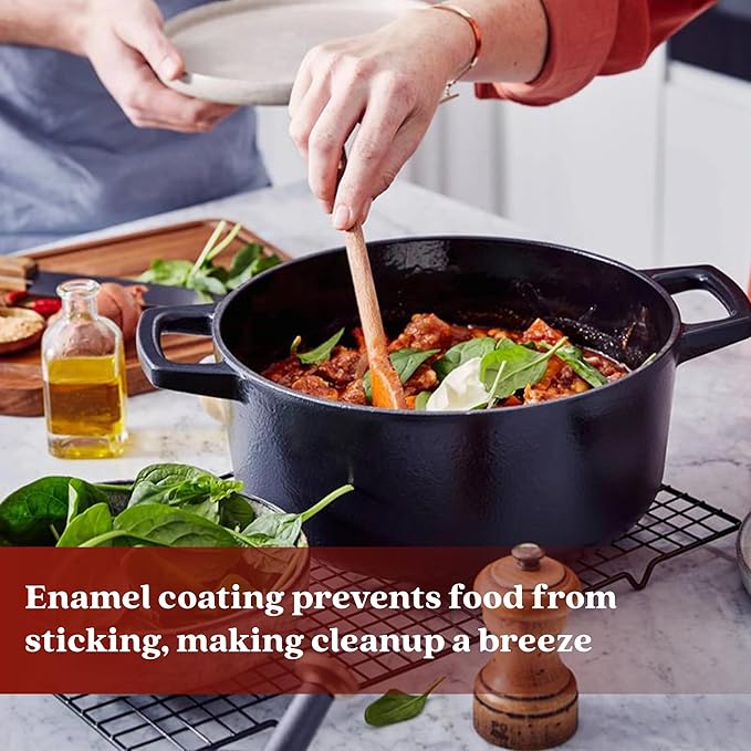 Alva Nori 5-Qt Enameled Cast Iron Round Dutch Oven – Made With No PTFE/PFOA/PFAS, Oven & Induction Safe – 3-Layer Enamel, No Seasoning Needed – Durable, Easy-Clean Cookware for Healthy Cooking, Black