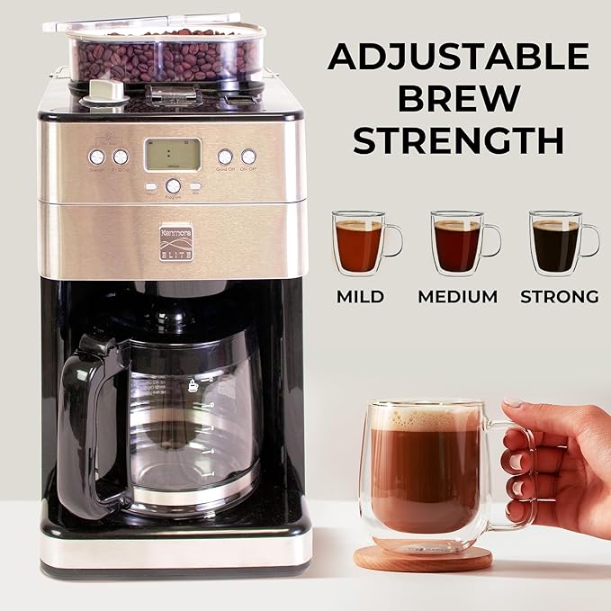 Koolatron Kenmore Elite Grind and Brew Coffee Maker - Built-In Grinder, Automatic Drip Coffee Machine, 12 Cup Programmable Brewer, Bean Grinder and Ground Coffee Brewer, Cafetera con Molino Integrade