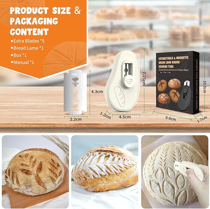 Extractable & Magnetic Bread Lame Dough Scoring Tool - Professional Sourdough Scoring Tool - Sourdough Bread Baking & Bread Scoring Tool - Scoring Patterns booklet & 5 Razor Blades (Cream)