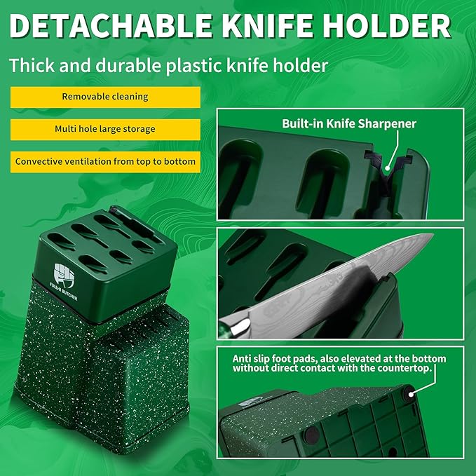 FULLHI 8pcs block Knife Set,chef's Knves Set with Block and Sharpener, Kitchen Knife Set,Multi-colour Handle, Gifts for Men Women