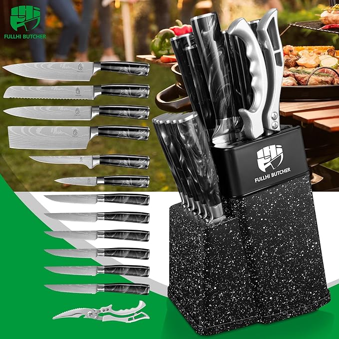 FULLHI 14pcs Block Knife Set, Chef's Knife Steak Knives Set with Block and Sharpener, Kitchen Knife Set, Multi-colour Handle, Gifts for Men Women