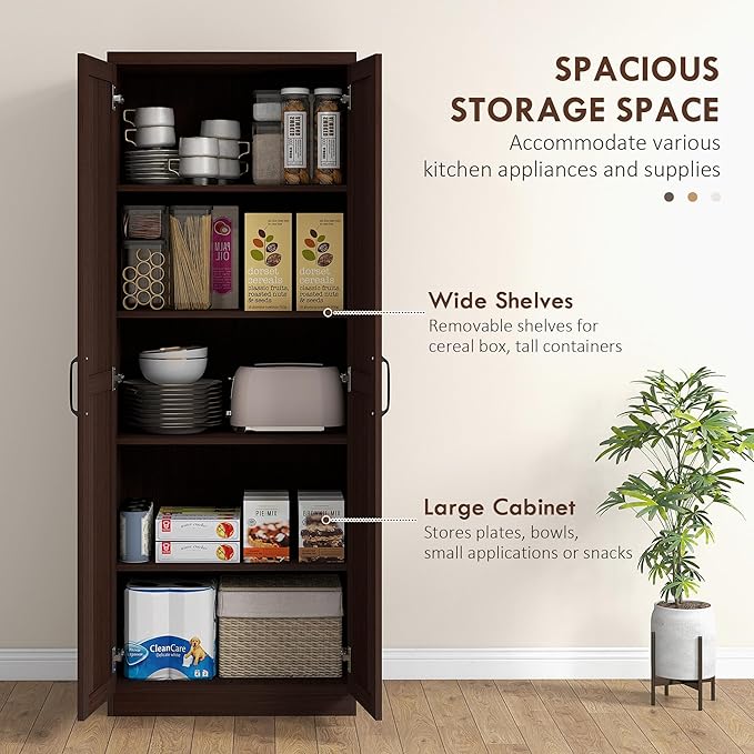 HOMCOM 63" 2-Door Kitchen Pantry, Freestanding Storage Cabinet with 5-Tier Shelving and 2 Adjustable Shelves for Dining Room, Cinnamon Cherry Wood Grain