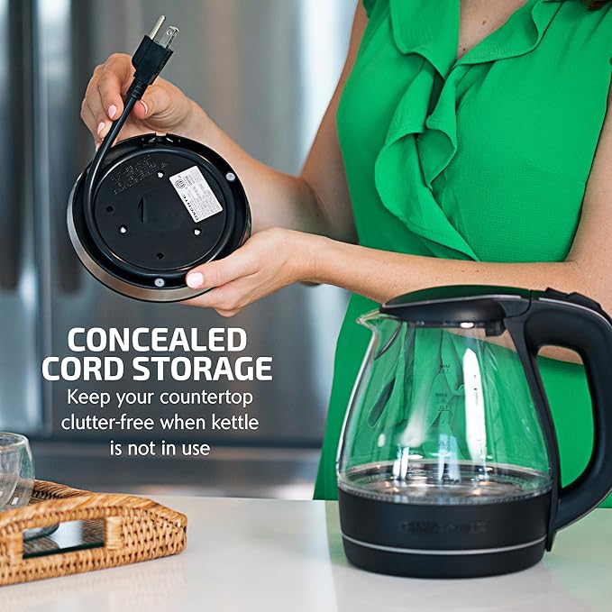 OVENTE Electric Kettle, 1.5L Borosilicate Glass Countertop Water Heater and Boiler for Coffee or Tea, BPA-Free, Auto Shut-Off, Boil-Dry Protection, Removable and Washable Spout Filter, Black KG83B