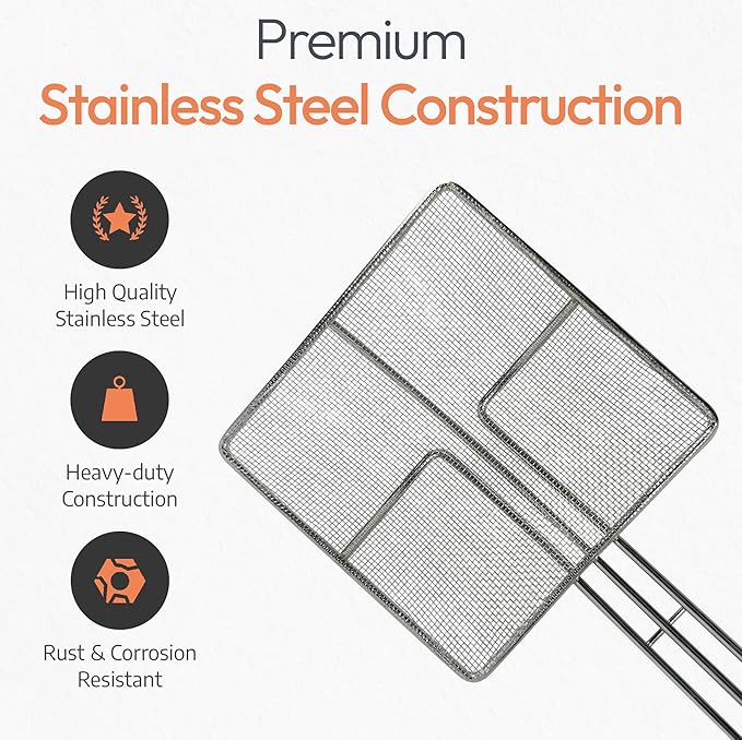 Wire Mesh Strainer with Long Handle | 4-Pack | 6.5" Square Frying Spoon | Cooking Oil Strainer for Deep Fryer & Professional Restaurant Use | Commercial Grease Skimmer
