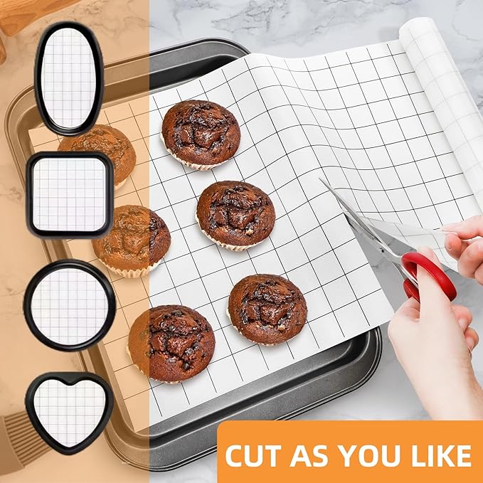 Silicone Baking Mat Roll, 12 In x 8 FT Non-Stick Grid Pastry Mat Free Cutting, Heat Resistant Food Grade Counter Mat, Air Fryer Liner for Pizza, biscuit, Pie Crust
