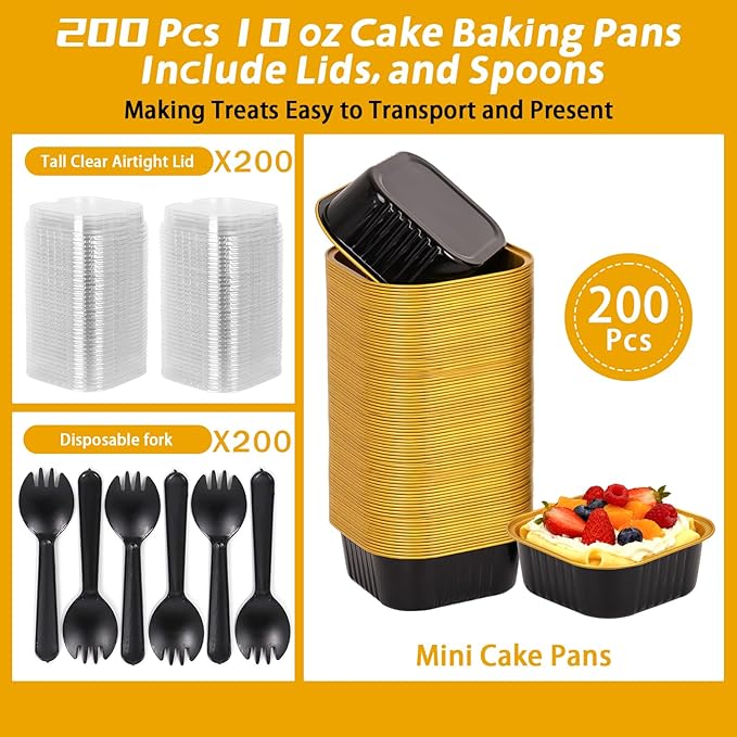 200 Pack 10 oz Black Gold Mini Aluminum Cake Pans with Lids and Spoons, Disposable Square Baking Cups, Oven Safe Foil Ramekins for Individual Desserts, Cupcakes, Cheesecakes Ramekins Muffin