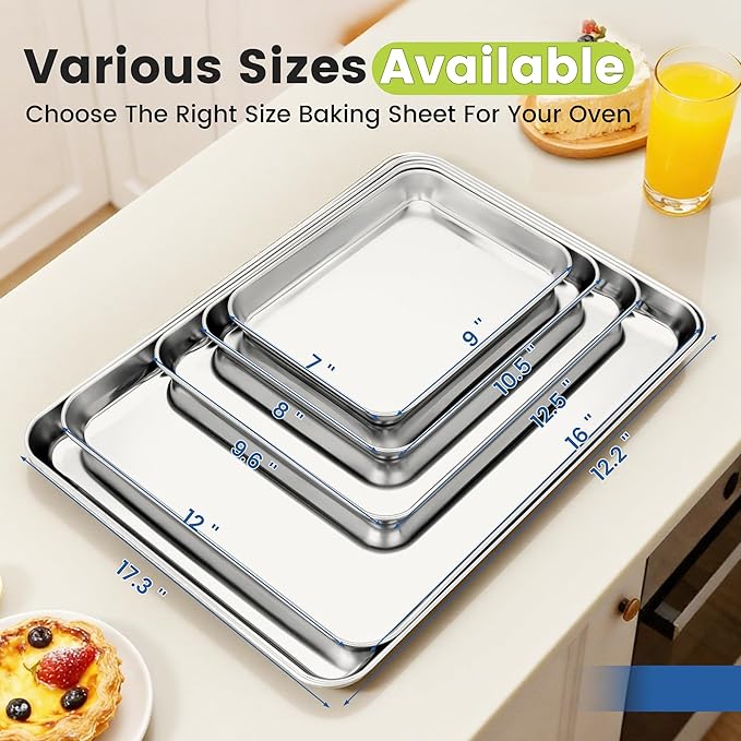 6 Pack Stainless Steel Baking Sheet Pans, 16" L × 12" W × 1" H Cookie Sheets for Toaster Oven, Rust-Resistant, Dishwasher Safe