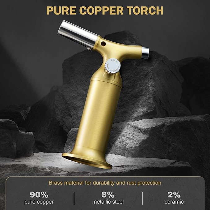 RAVS Butane Torch Lighter with Solid Copper Design, Kitchen Torch Lighter with Adjustable Flame, Refillable Creme Brulee Torch for Cooking, Soldering, Birthday Gifts for Men Women, Butane Not Included