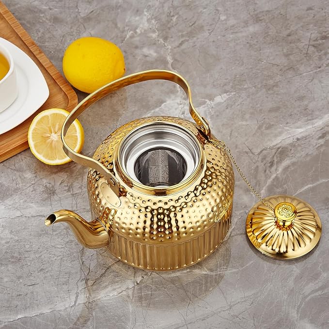 SANQIAHOME Antique 1.2L (40Oz) Stainless Steel Teapot with Infuser Gold