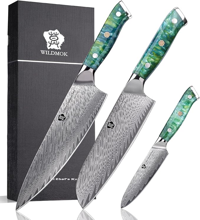 WILDMOK Professional Kitchen Knife Sets 3 PCS,Damascus Steel Chef Knife Set, 3PCS Ultra Sharp Japanese Kitchen Knives, Ergonomic Resin Handle Elegant Gift Box for Home or Restaurant