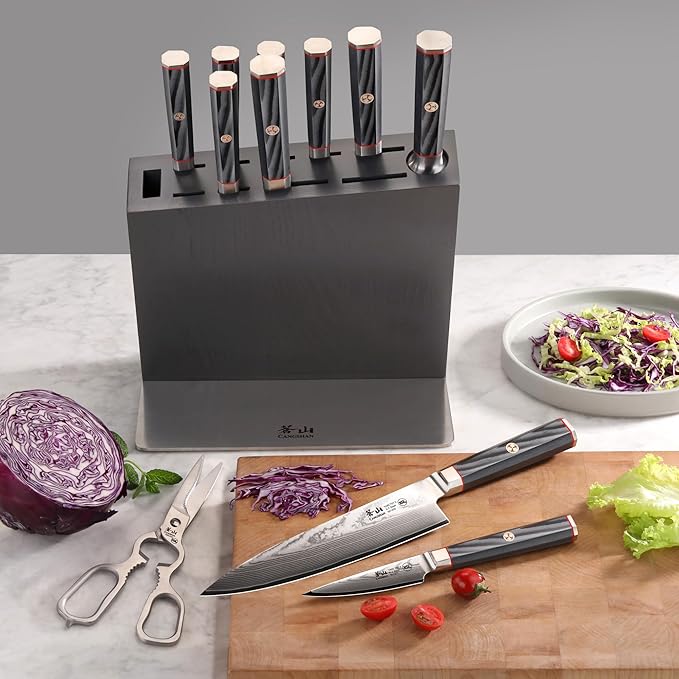 Cangshan YARI Series HUA Knife HUA Block Set, X-7 Damascus Steel, Ash Wood (12-Piece)