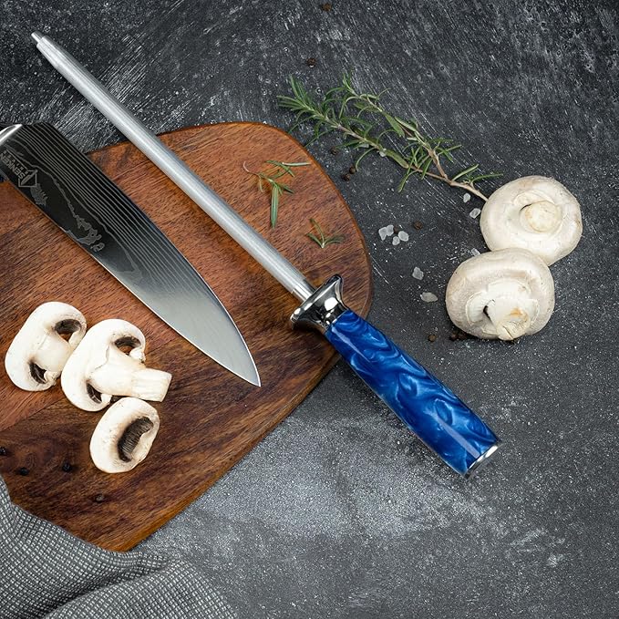 SENKEN Professional Knife Sharpening Steel with Blue Resin Handle - High Carbon Stainless Steel Rod for Sharpening & Honing Knives (Blue Resin)