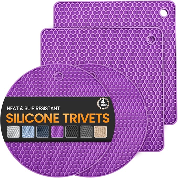 Silicone Trivet Mats 4 Heat Resistant Pot Holders Multipurpose Non-Slip Hot Pads for Kitchen Potholders, Drying mat, Jar Opener, Spoon Holder, Coaster(Violet)