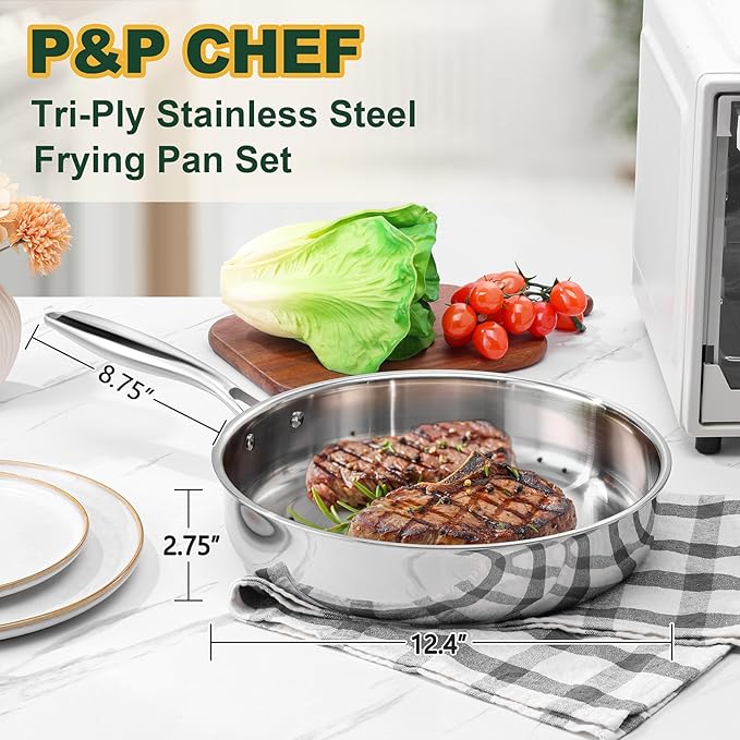P&P CHEF 12 Inch Stainless Steel Frying Pan, 3-Ply Stainless Steel Pan Skillet, Induction Stir-fry Pan, Oven & All Stoves Safe, Heavy Duty & Even Heat, Dishwasher Safe, Silver, (1 Piece)