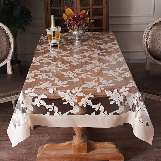 Waterproof Clear Table Cover Protector Vinyl Rectangle Table Cloth Oil Spill Proof Wipe Clean Plastic Tablecloths for Dining Tables (Scroll Grass, 60 x 104 Inches)