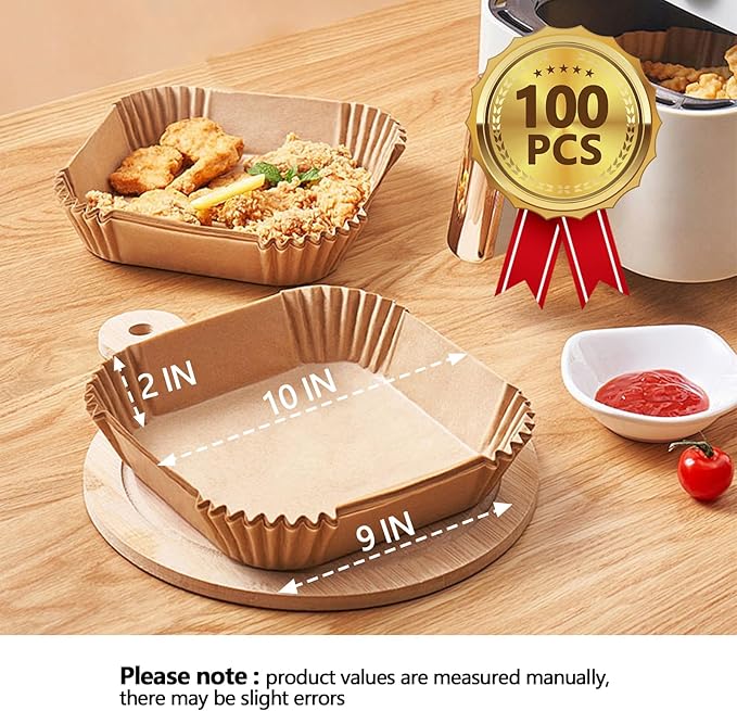 10 Inch Air Fryer Paper Liners, 100Pcs Air Fryer Liner Disposable, Oil-Proof & High-Temperature Resistant Parchment Baking Paper for Air Fryer, Microwave and Oven（Bottom Is 9 Inch）