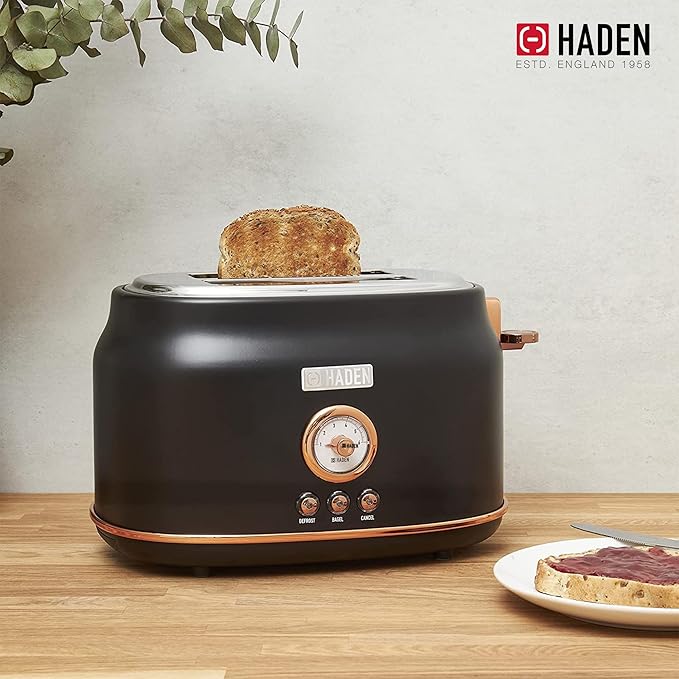 Haden Dorset 2 Slice Wide Slot Stainless Steel Toaster with Adjustable Browning Control & Non-Slip Feet, Black & Copper
