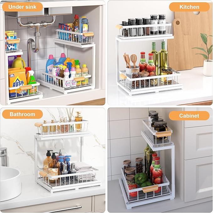Under Sink Cabinet Organizer, 2-Tier Pull Out Storage Shelves, Adjustable Bathroom Kitchen Drawer (White, 2-Pack)