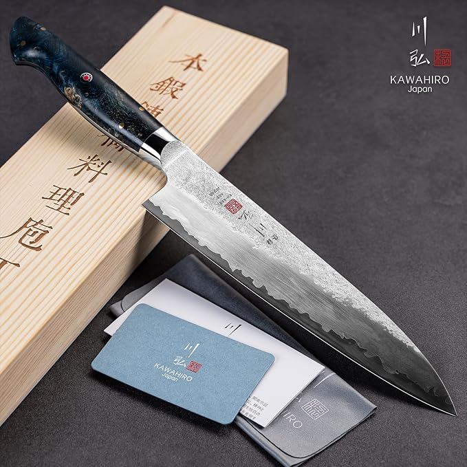 KAWAHIRO Japanese Chef Knife with SG2 Powder Steel, 8.27 inch Professional Gyuto Knife, Hand Forged Kitchen Knife with Premium Stabilized Wood Handle and Wood Gift Box
