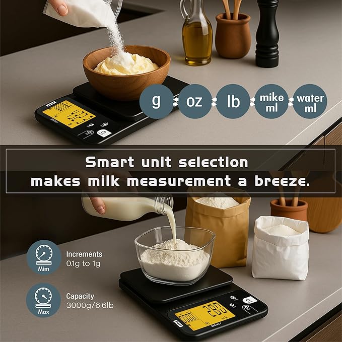 Polit Brewly Digital Coffee Scale with Timer｜6.6lb/3000g Espresso Scale 0.1g/0.005oz Triple-Range Precision｜USB-C or Battery｜Dual Timer Modes｜Small Travel Kitchen Scale for Pour-Over, Brewing & Baking