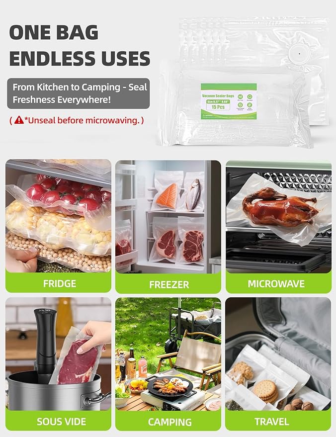 Vacuum Sealer Bags, Reusable Vacuum Zipper Bag, BPA Free Heavy Duty Vacuum Storage Bag for Food 15 Bags (15 Small Bags (8.27x 8.66 in))
