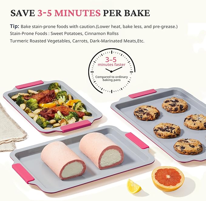 BRONYPRO Non Stick Ceramic Baking Sheet Pan Set of 3, Natural Non Toxic Cookie Sheets for Baking - PFOA, PTFE Free, Aluminized Steel Oven Trays for Cooking with Silicone Handles, Rose Red