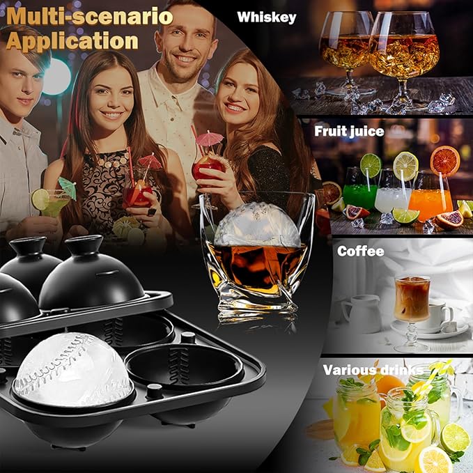2 Pack Baseball Ice Cube Mold 2.1 Inch Large Silicone Baseball Ice Cube Molds Fun Shapes Craft Sphere Ice Molds Novelty Christmas Gifts for Men Women Cocktails, Bourbon,Brandy, Whiskey(2, Baseball)