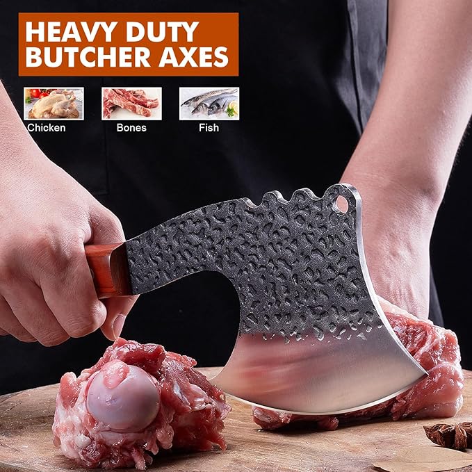 Meat Bone Cleaver Knife Heavy Duty Bone Choppe for Meat Cutting Hand Forged Butcher Axes with Cover cleavers High Carbon meat cleaver for Kitchen Outdoor Camping BBQ gifts for men