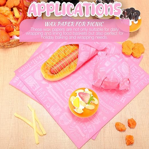 Outus 600 Pcs 12 x 12 Inch Deli Wax Paper Sheets Grease Resistant Tray Basket Liners Newsprint Paper Water and Grease Proof Sandwich Wrapping Square Hot Dog Wrappers for Food Baking (Pink)
