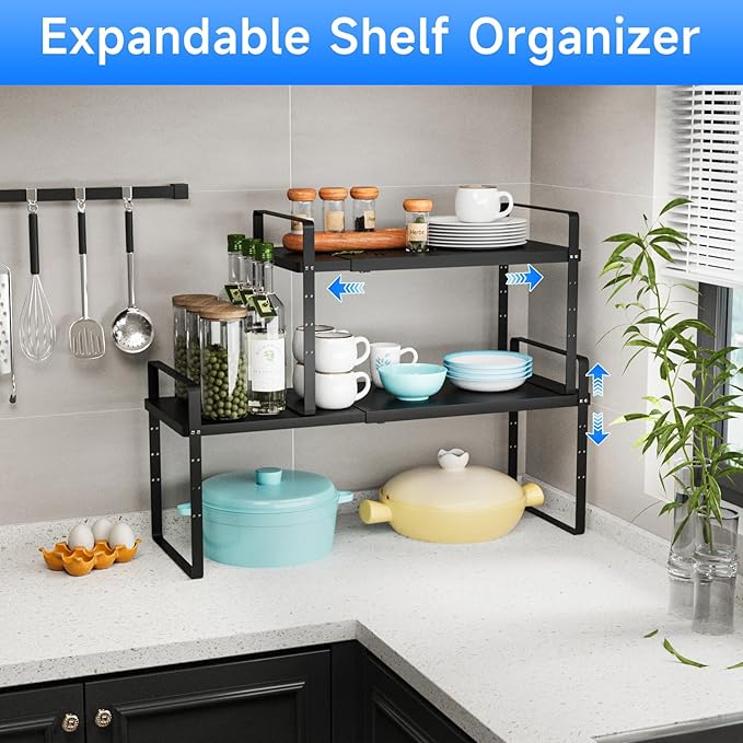 Expandable Cabinet Shelf Organizer, Stackable Kitchen Pantry Counter Storage, Adjustable Closet Cupboard Stand Rack Risers Spice Organization 80LBS Heavy Duty Black Large 1 Pack