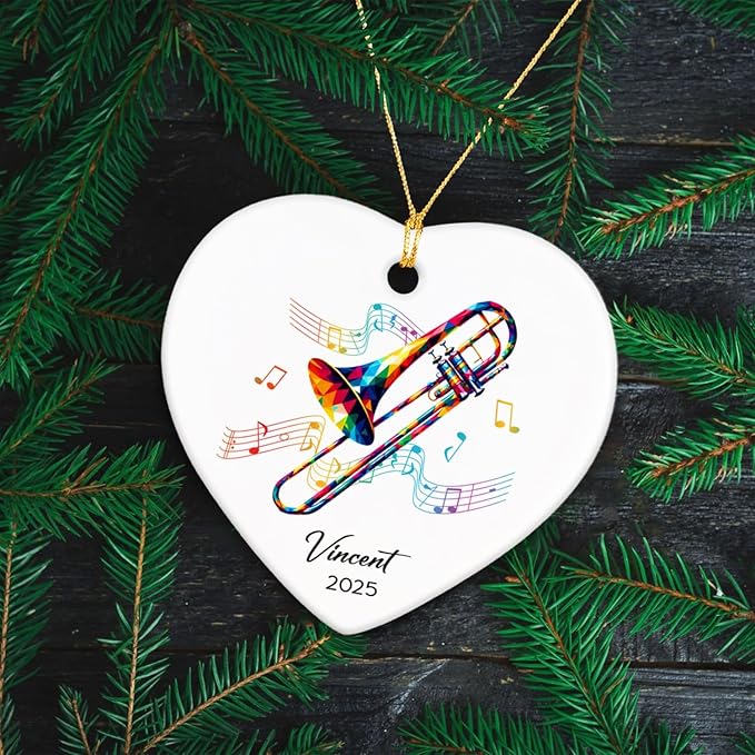 Trombonist Ceramic Ornament 2025, Custom Trombone Musical Christmas Ornament Gifts for Trombonist, Instrumentalist Ornaments Decor, Personalized Name & Year Trombone Lovers Ceramic Keepsake Xmas Tree